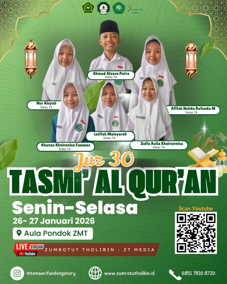 Live Streaming Tasmi’ Al-Qur’an Juz 30 MTs Ma’arif Andong di Aula Ponpes Zumrotut Tholibin