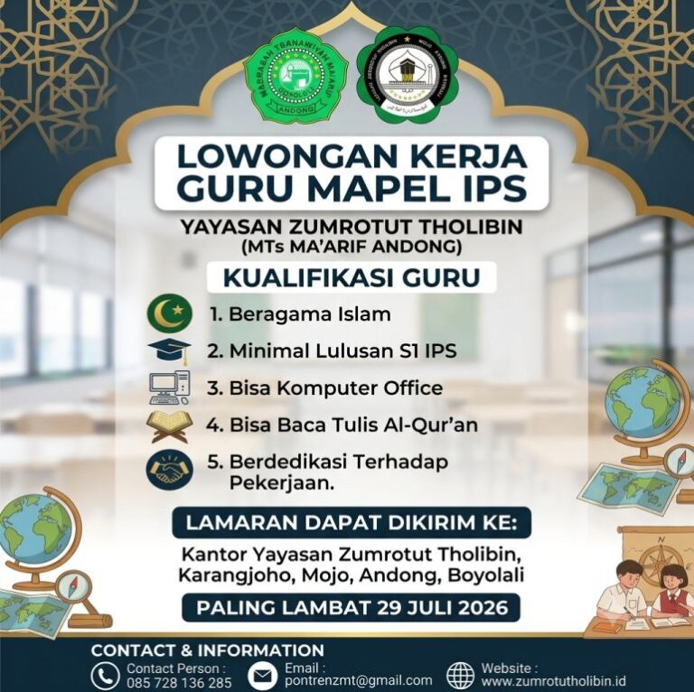 Lowongan Kerja Guru Mapel IPS – Yayasan Zumrotut Tholibin (MTs Ma’arif Andong)